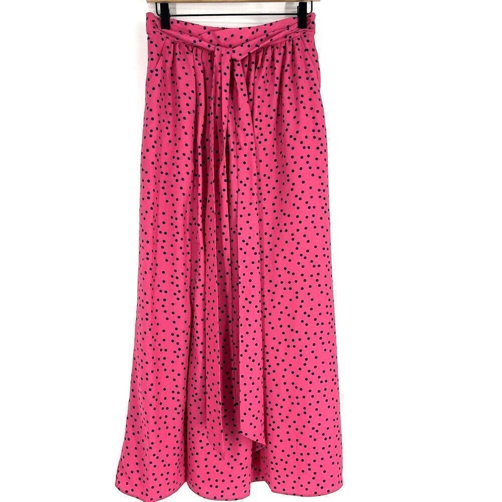 J Peterman Maxi Skirt Size 4 Pink Navy Polka Dot Print A Line Retro Tie Waist